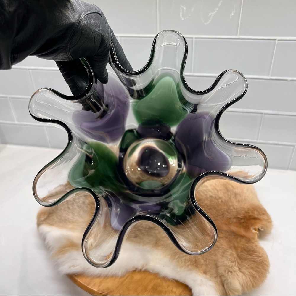 Hand Blown Art Glass Ruffled Swung Vase Abstract Green & Purple Fusion